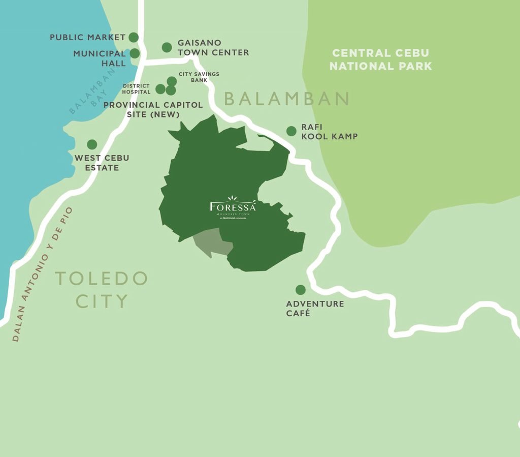 Location map showing Foressa Mountain Town in Cansomoroy, Balamban, Cebu, near West Cebu Estate, Central Cebu National Park and Toledo City